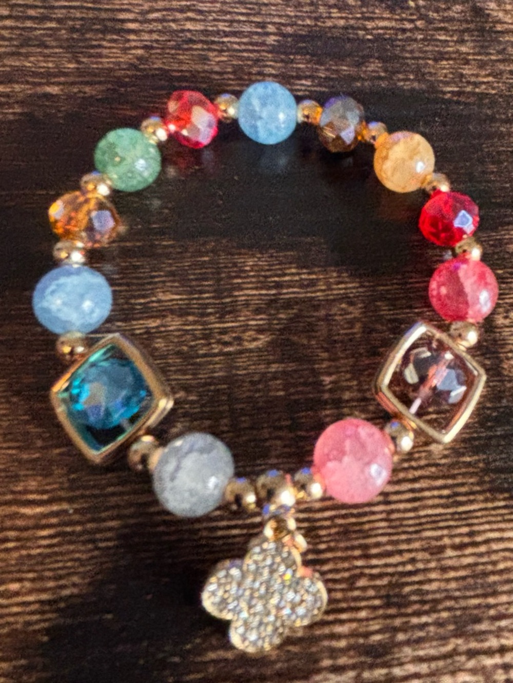Multi Color Bead Stretch‎ Bracelet Rhinestone Clover Charm